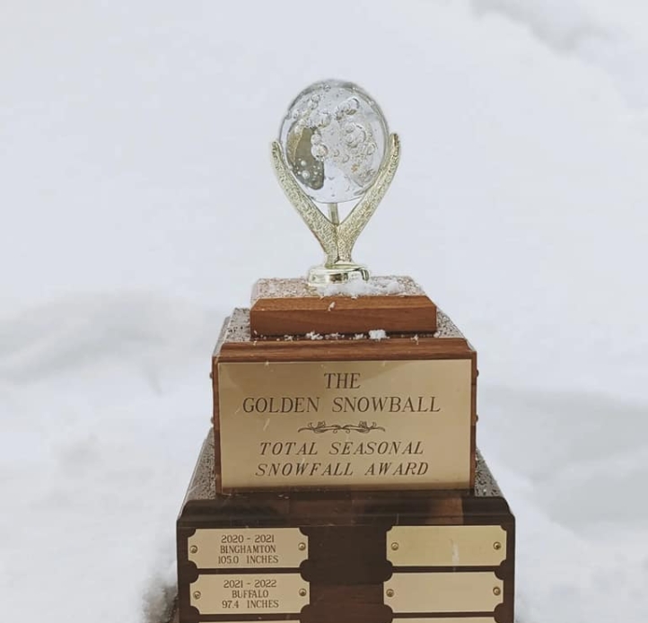 Golden Snowball Trophy in snow