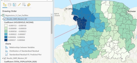 Geographically Weighted Regression (GWR) showing the spatial significance (impact) of median household income on total number of adult health care facilities.